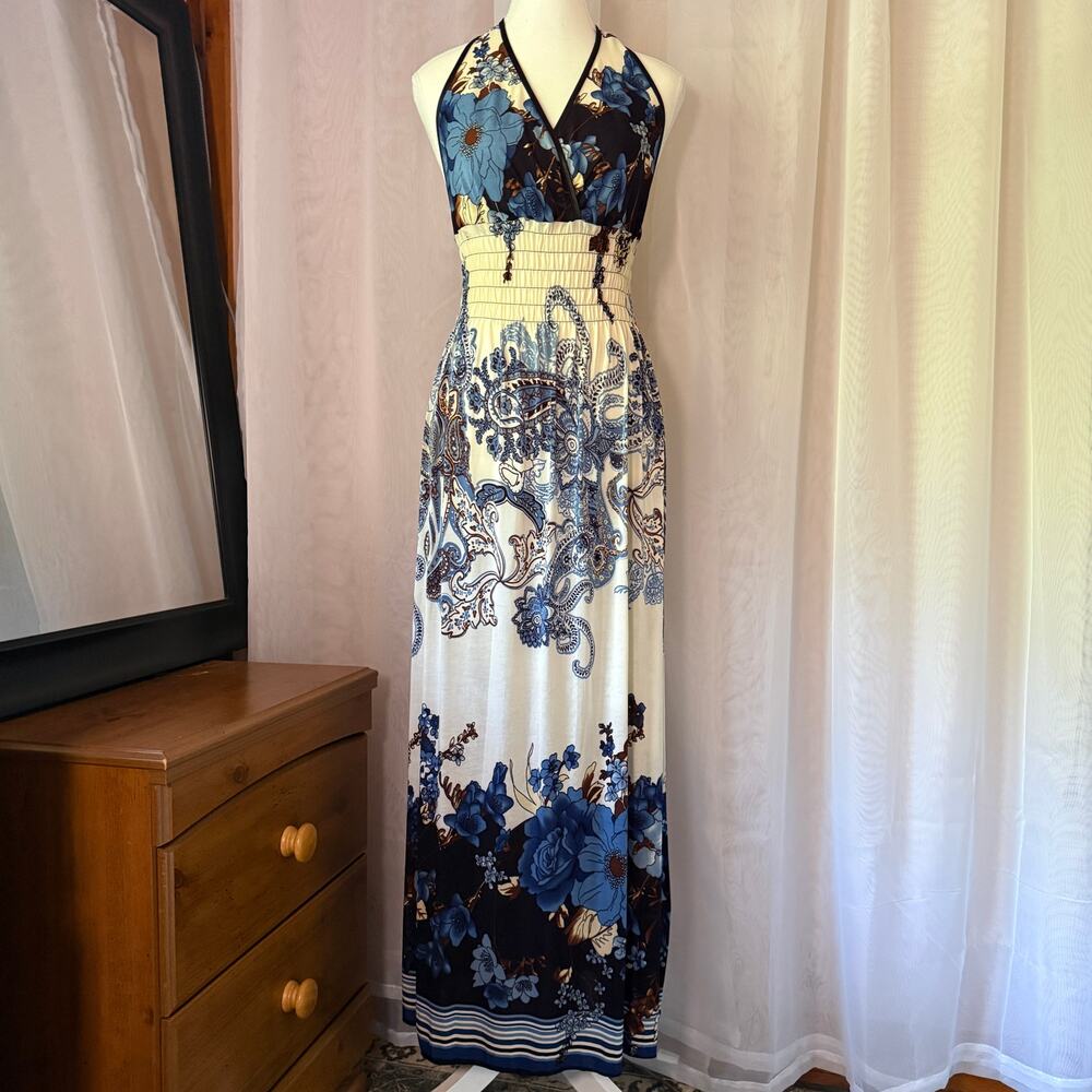 Blue Paisley Silk Blend Halter Maxi Dress Sz XL Boho Y2K Resort Vacation